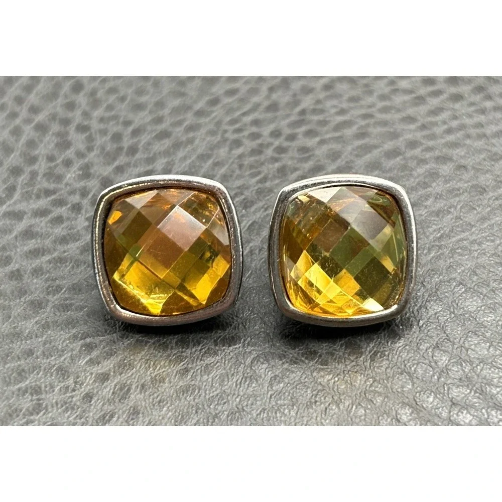 VTG Yellow Faceted Square Resin Cabochon Silver Tone Clip On Earrings Glam